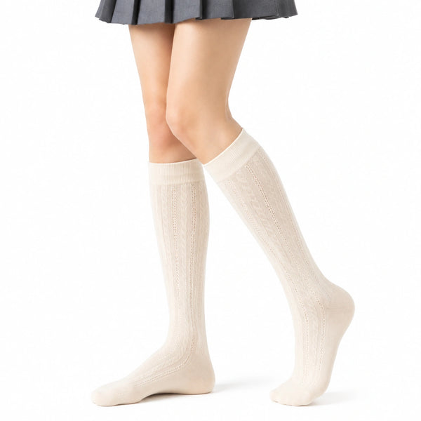 Calze lunghe 39-42 in maglia beige con motivo traforato stile classico