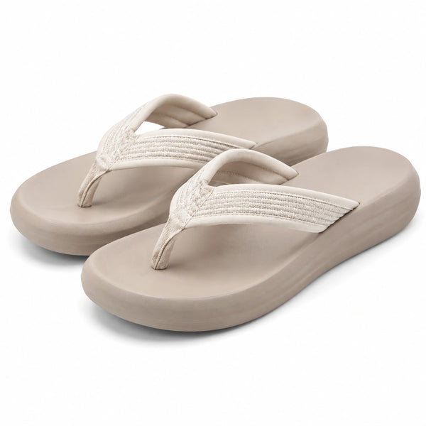 Infradito platform 42/43 in materiale sintetico beige con fasce tessili per tempo libero