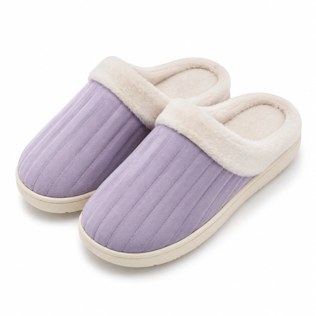 Pantofole da casa 38/39 in tessuto lilla con bordo effetto pelliccia e suola antiscivolo